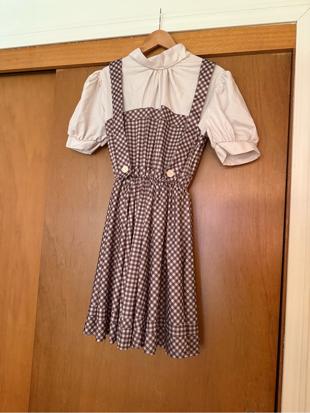 DOROTHY Sepia Costume, Check Pinafore Dress with Puff Sleeve Blouse - Brown